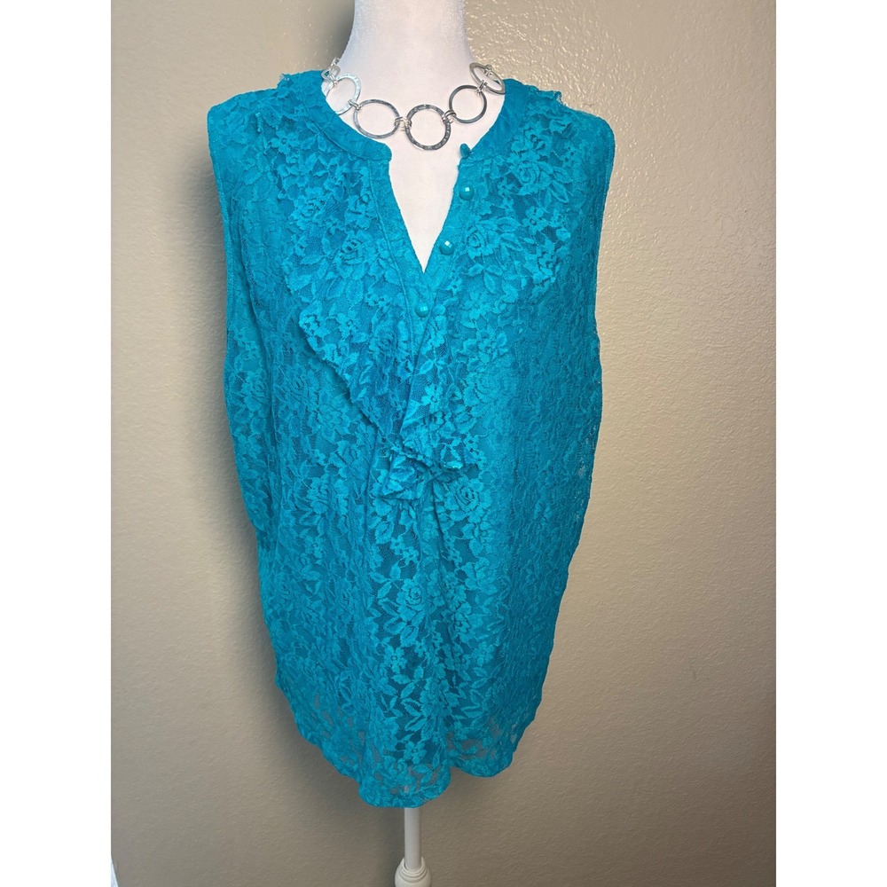 NY Collection Woman Turquoise Blue Floral Lace Ruffle V-Neck Sleeveless Blouse